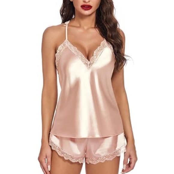 Nightwear Satin Pajamas Set Sleepwear Womens Sexy Lingerie Champagne - Picture 6 of 9